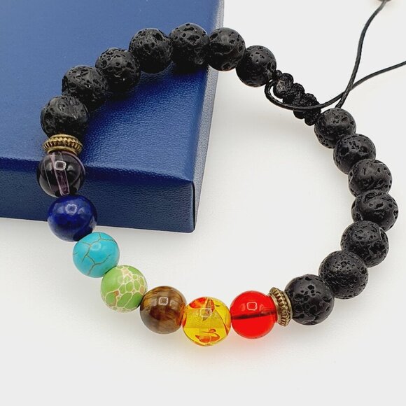 7 Chakra Lava Stone Bracelet – Aromatherapy & Energy Balance, AZFA1024 - Picture 1 of 15